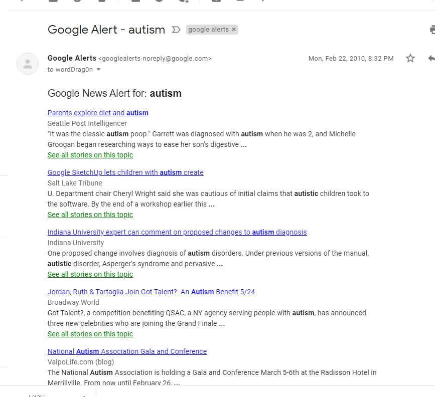 Snapshot | Google Alerts – autism | Circa February 22, 2010